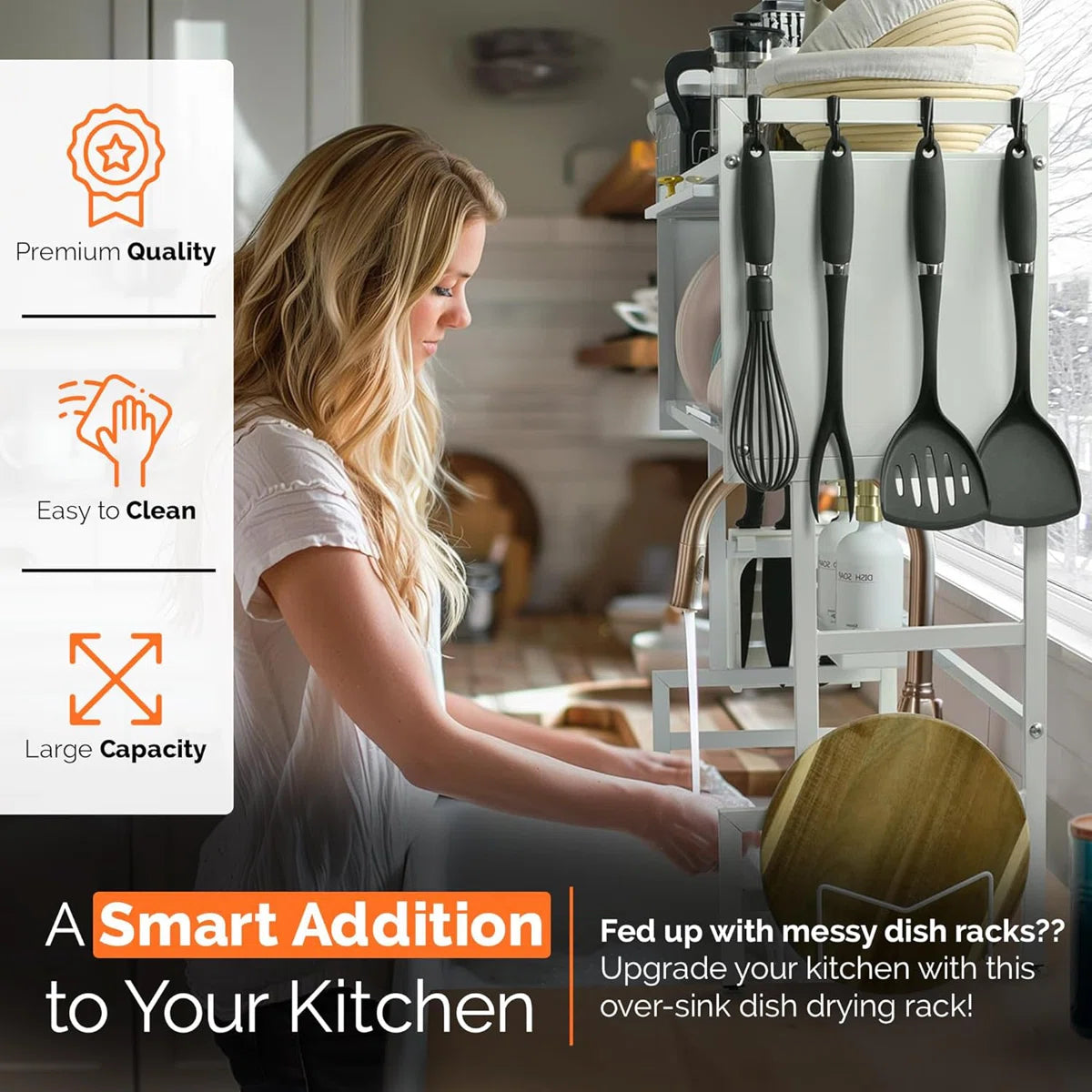 Kazoo™ Adjustable Over-Sink 2-Tier Dish Drying Rack (25.6″W x 31.1″H) — Space-Saving, Rust-Resistant, Modern White/Black