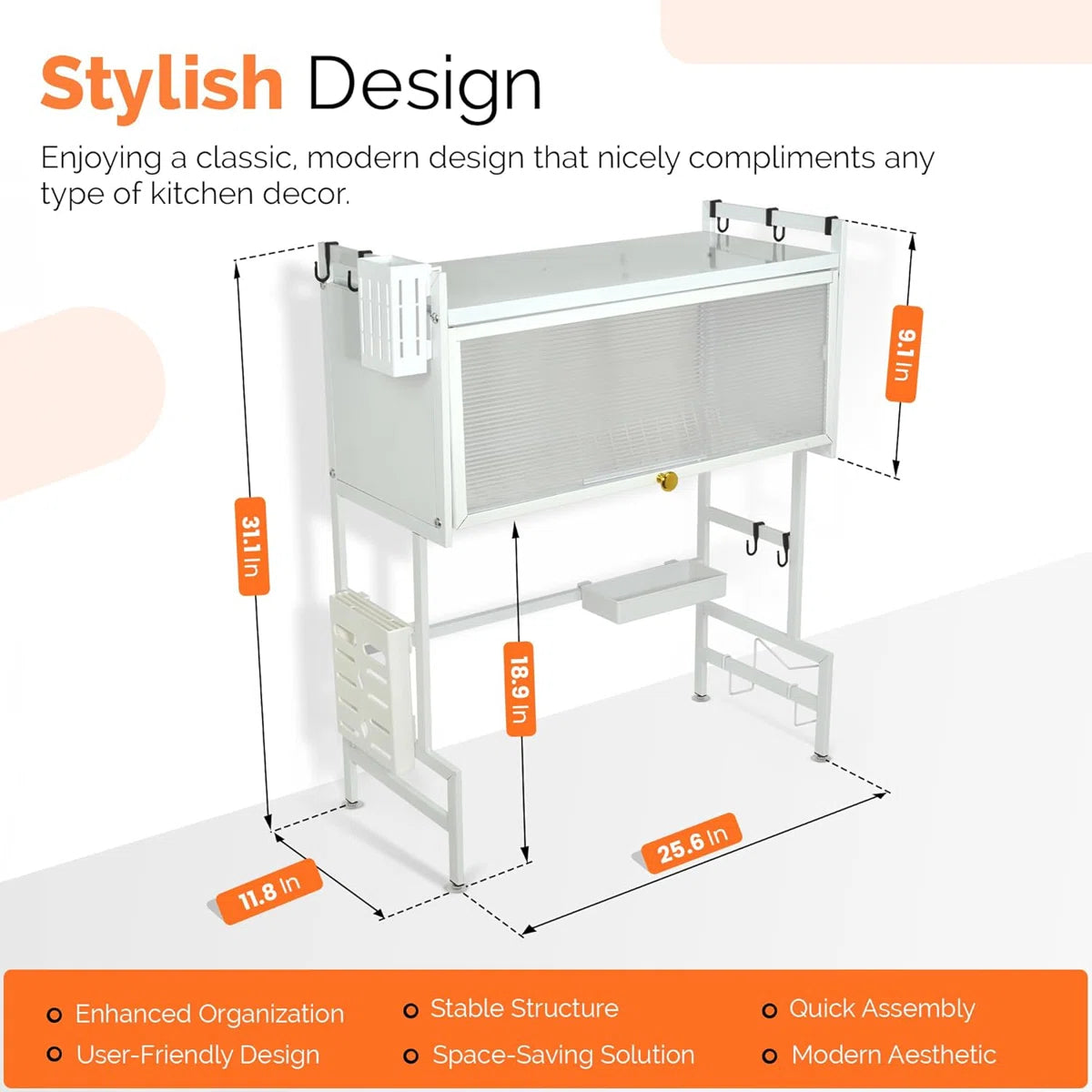 Kazoo™ Adjustable Over-Sink 2-Tier Dish Drying Rack (25.6″W x 31.1″H) — Space-Saving, Rust-Resistant, Modern White/Black