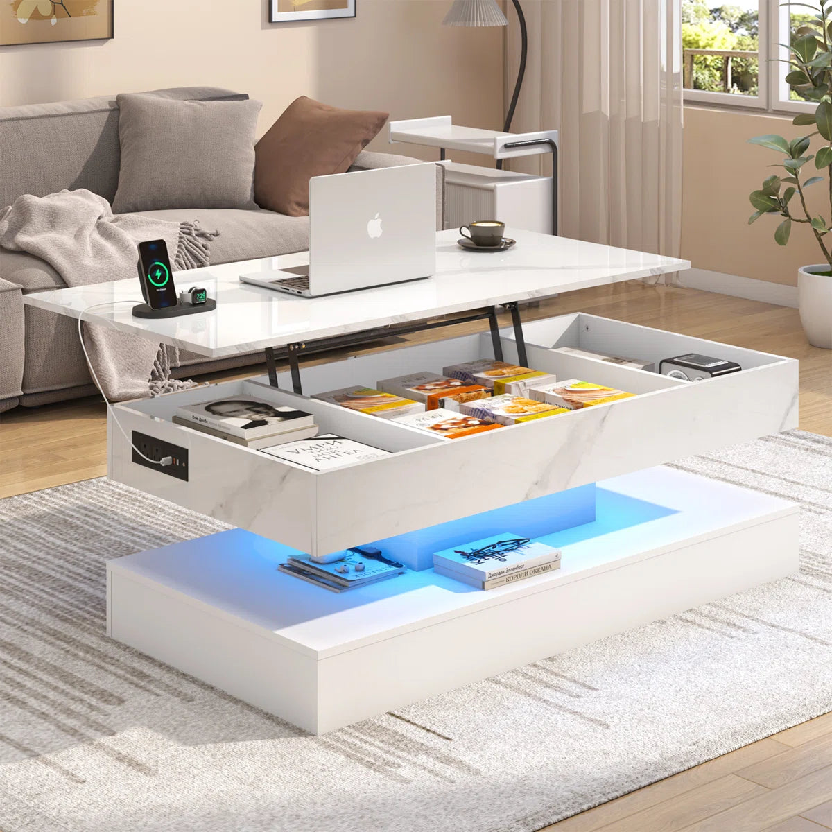 Lux SmartLift™ LED High-Gloss Coffee Table w/ Lift-Top, Hidden Storage & Built-In Charging (White Marble, 47")