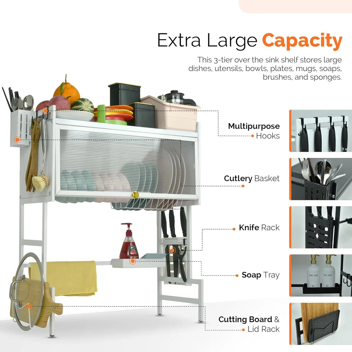Kazoo™ Adjustable Over-Sink 2-Tier Dish Drying Rack (25.6″W x 31.1″H) — Space-Saving, Rust-Resistant, Modern White/Black