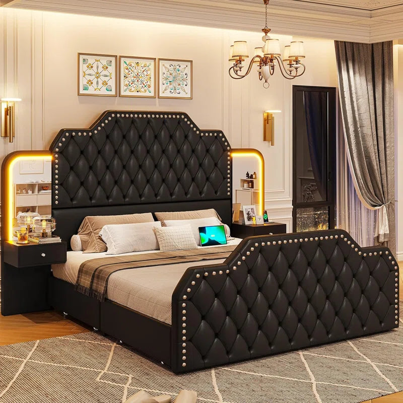 Karlton Bed with 4 Storage Drawers,Led Tall Platform Bed Frame