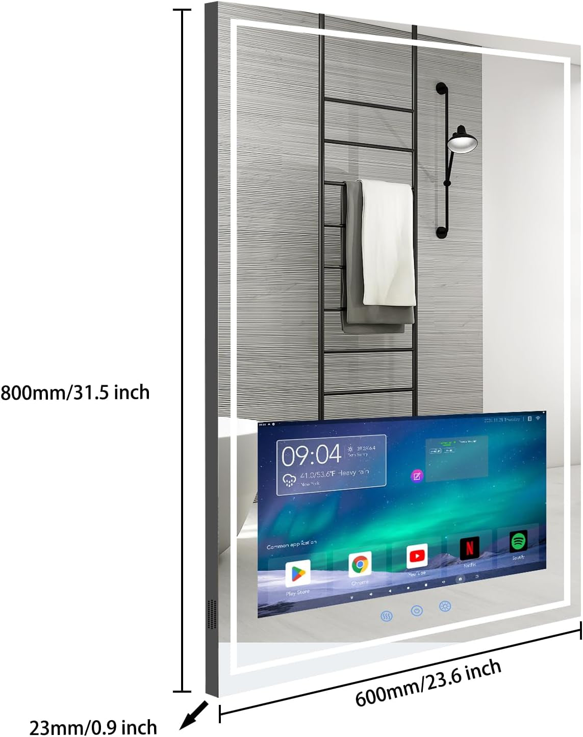 24X32 Inch Bathroom Vanity Mirror with 21.5" Touch Screen Smart System, Streaming Apps, Weather Clock, 3 Color Dimmable LED Light, Anti-Fog Wi-Fi Bluetooth HDMI, Vertical Wall Mounted (2025)