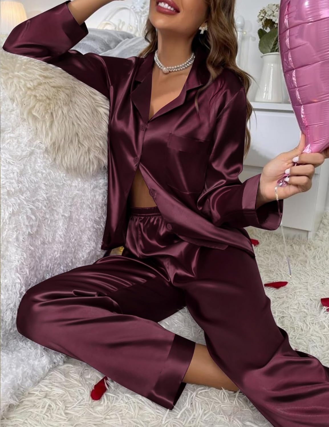 Couples Pajamas Womens &Mens Matching Pajamas Set Silk Satin Pj Set Long Sleeve Button down Sleepwear 2 Pcs Loungewear