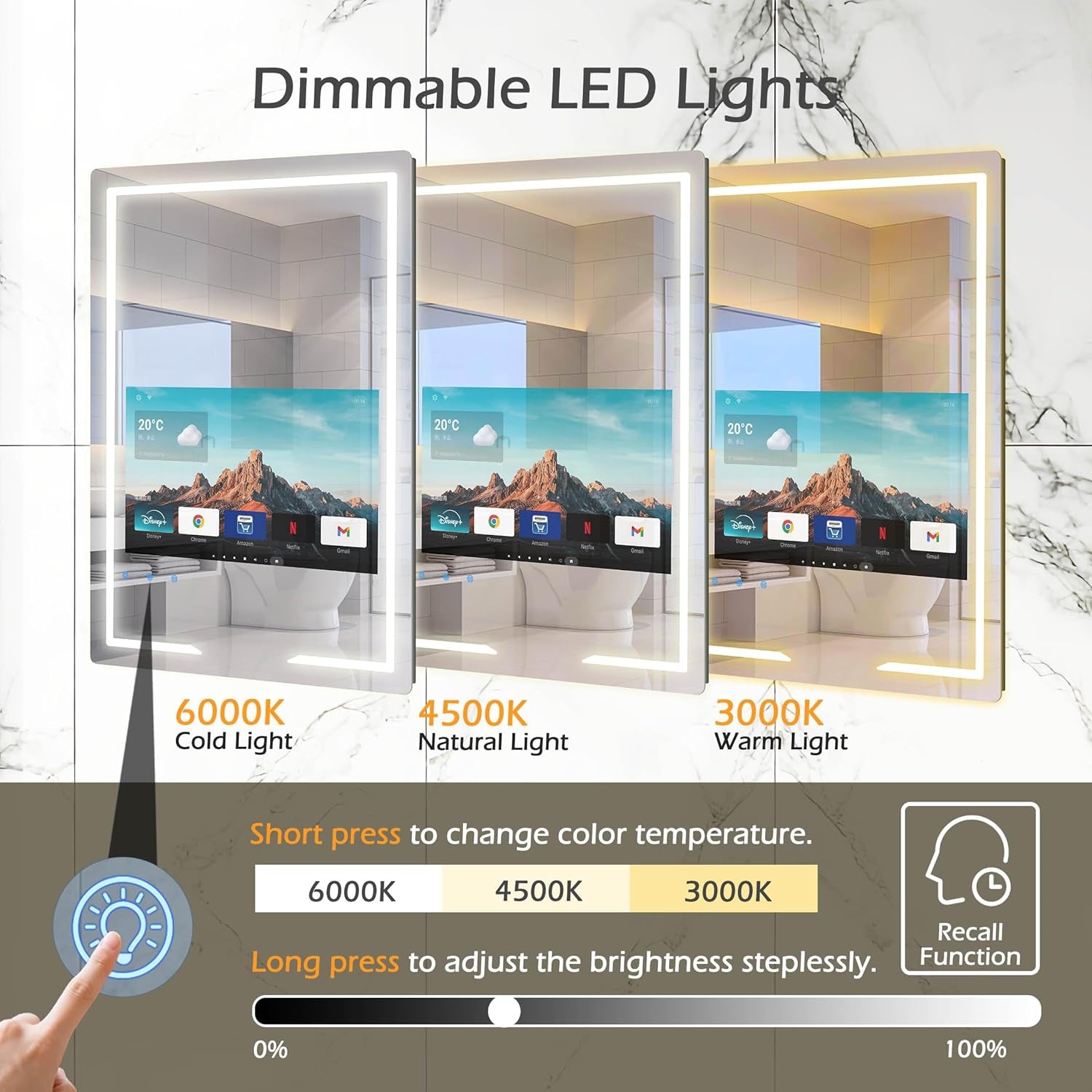 24X32'' Bathroom Vanity Mirror with 21.5'' Touch-Screen Smart TV, Streaming APP, Waterproof Defogging TV Mirror with 3 Color LED Light Wifi Bluetooth HDMI for Bathroom Hotel Hair Salon (2025)