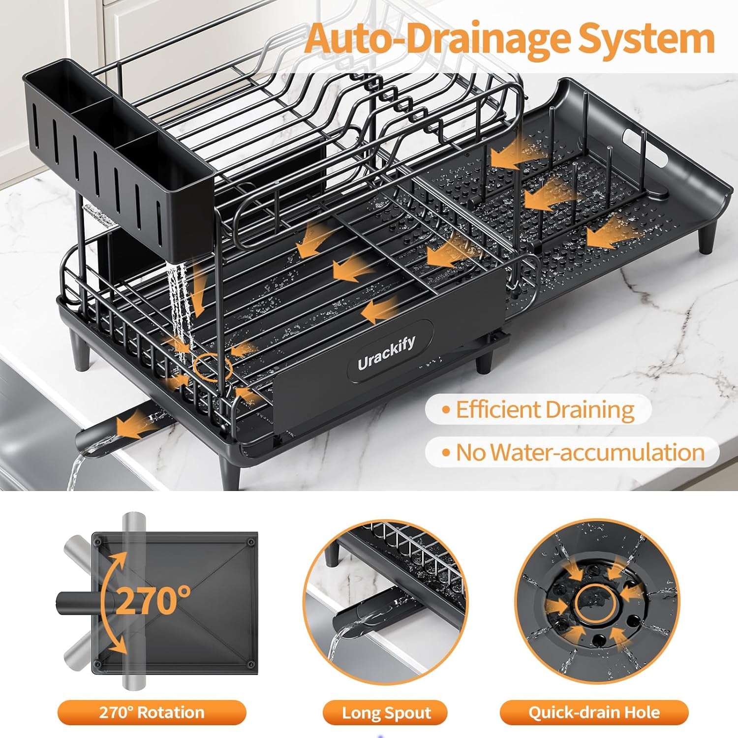 Dish Drying Rack for Kitchen Counter, Expandable 2 Tier Dish Rack, Large Capacity Dish Drainer with Drainboard Multifunctional Dish Strainer with Removable Cutlery Holder Black