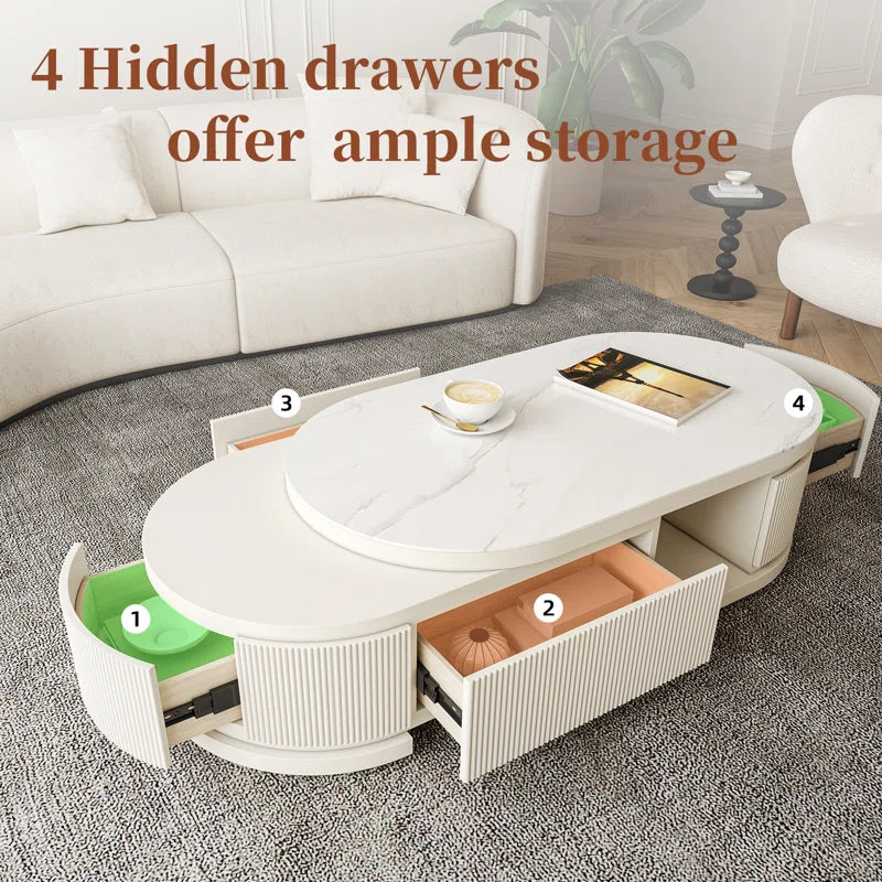 Bilawal Cream Style Oval Extendable Coffee Table Solid Wood with 4 Drawers, No-Assembly Required