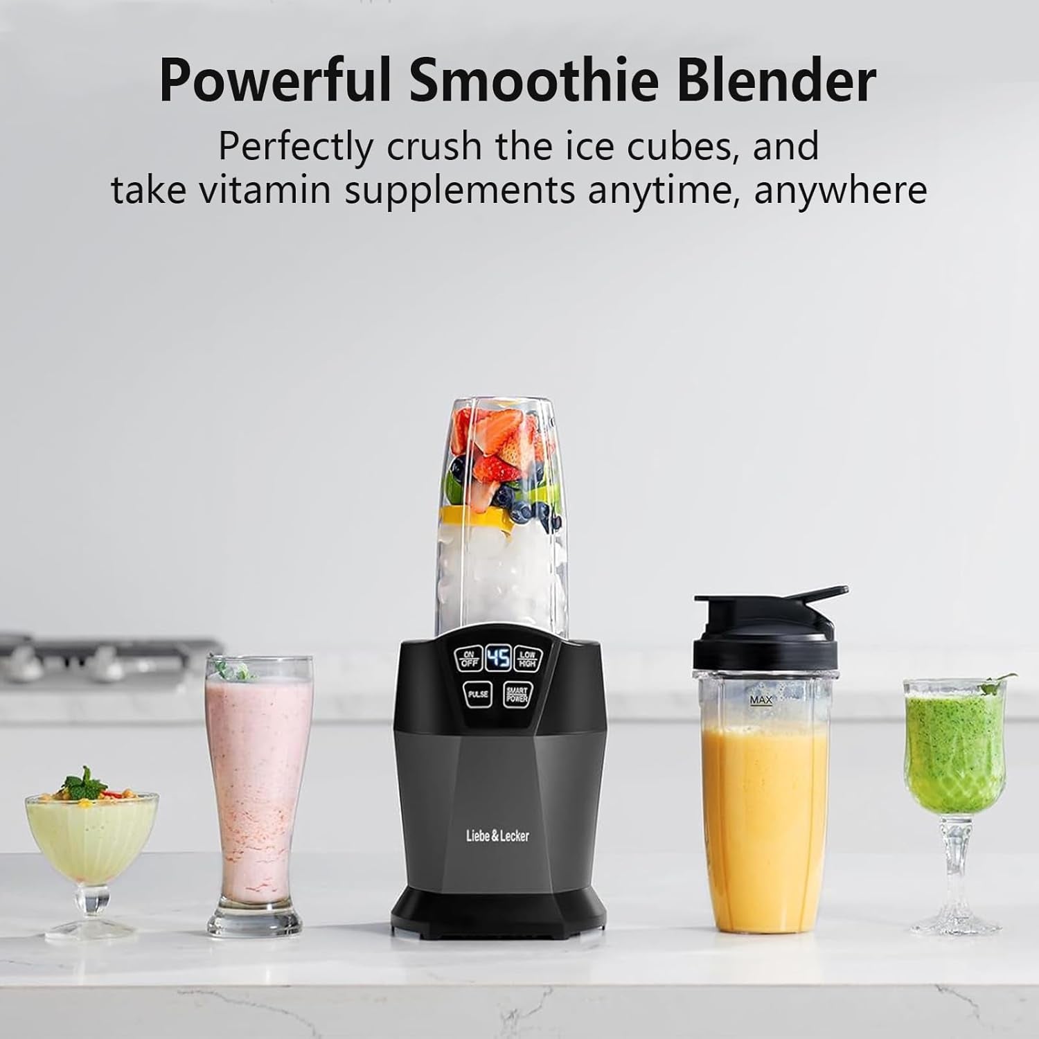 Blender with 1200W-Peak-Watts, Powerful Smoothie Blender Smart Technology Blended Frozen Fruit for Smoothies, with Two 28-Oz To-Go Cups & Spout Lids