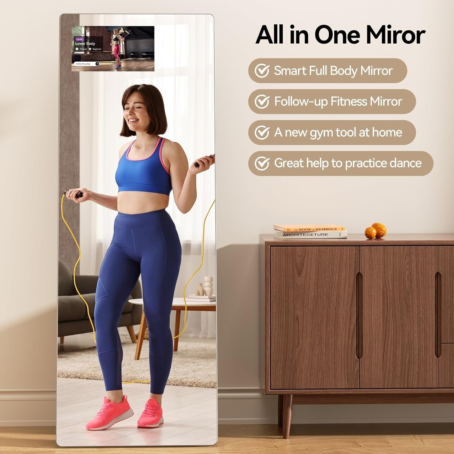 Large Fitness Gym Mirror for Home, 65"X23.6" Smart Workout Mirror for Exercise, Built-In 14" Screen Support Screen Projection, HD Floor Full Length Trainer for Yoga, Dance Studio & Garage