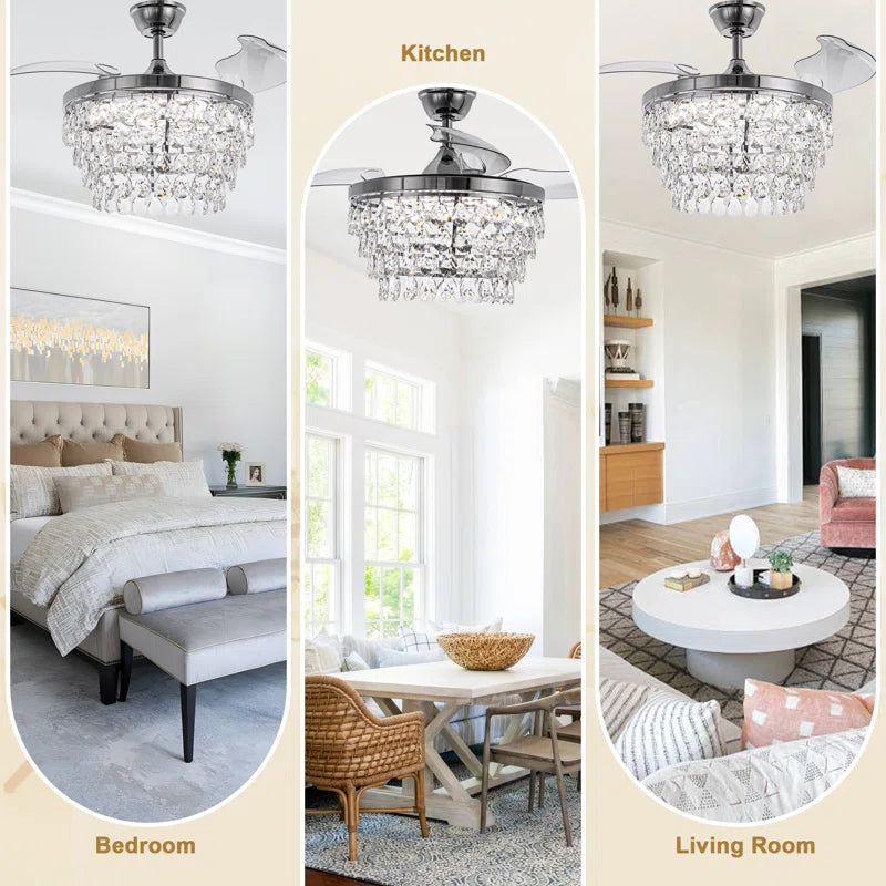 42" Luxury Retractable Ceiling Fan with Remote and Lights, Crystal Chandelier Ceiling Fan