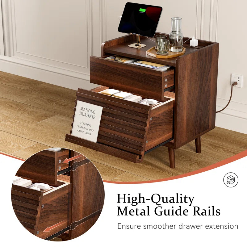 Modern Nightstand with 2 Drawers,Bedside Table with Outlets & LED Lights, File Cabinet with Slanted & Wavy Design