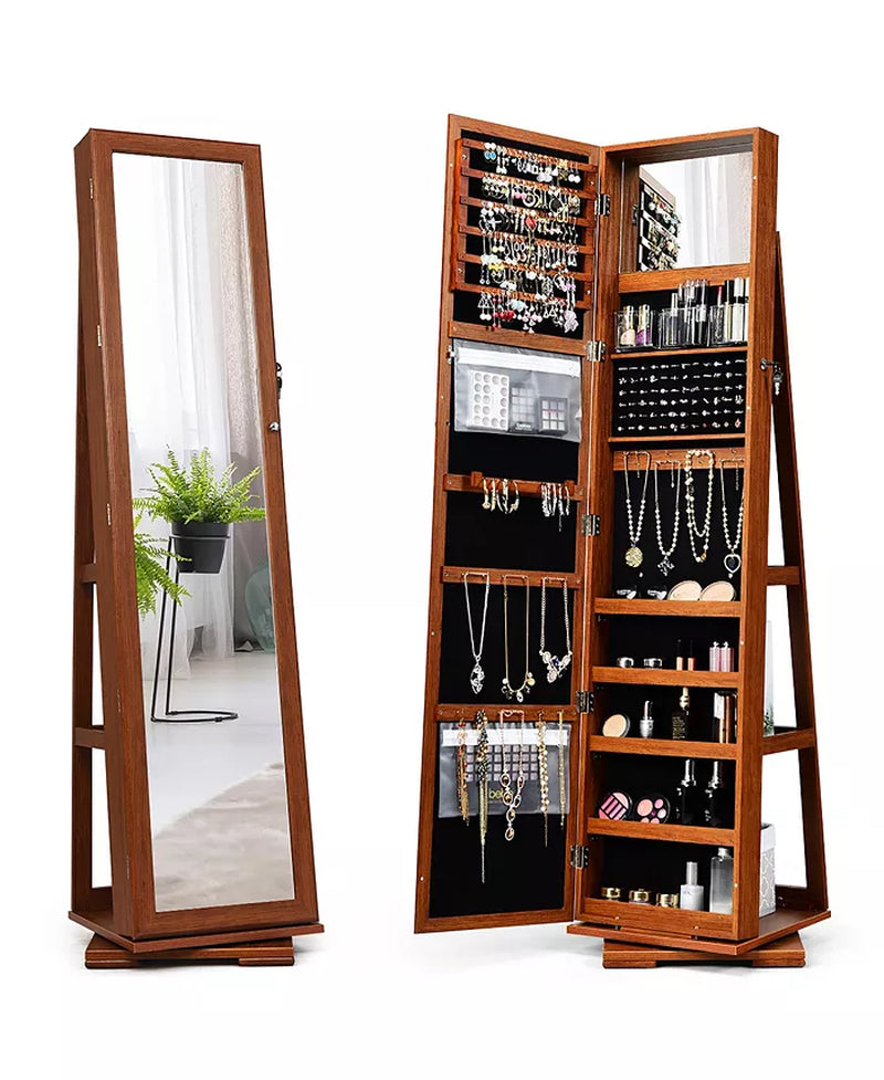 360Degree Rotatable Jewelry Cabinet 2-In-1 Lockable Mirrored Organizer