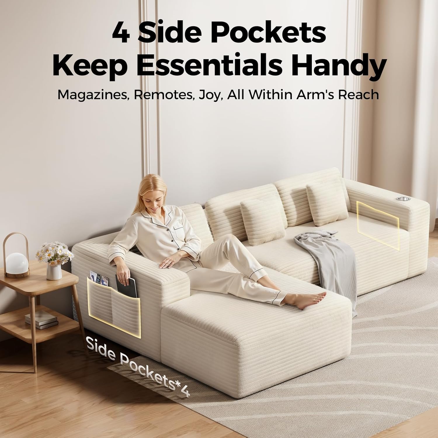 CloudLuxe™ 108" Deep-Seat Modular Sectional w/ Chaise Corduroy “Boneless” All-Foam Comfort, One-Box Delivery, No Assembly