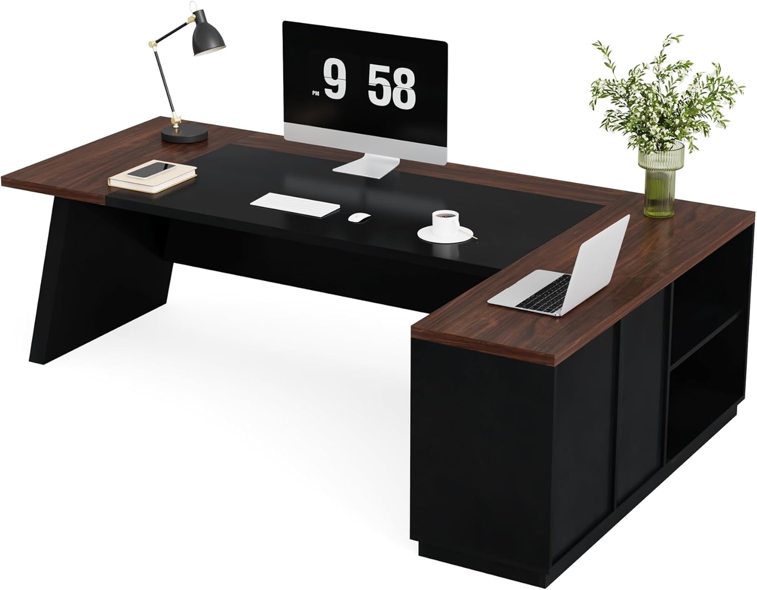 78" L-Shaped Executive Desk, Large Office Desk with Drawers and Lateral File Cabinet, Business Furniture with Storage Shelves, Modern Computer Desk for Home Office, Walnut & Black