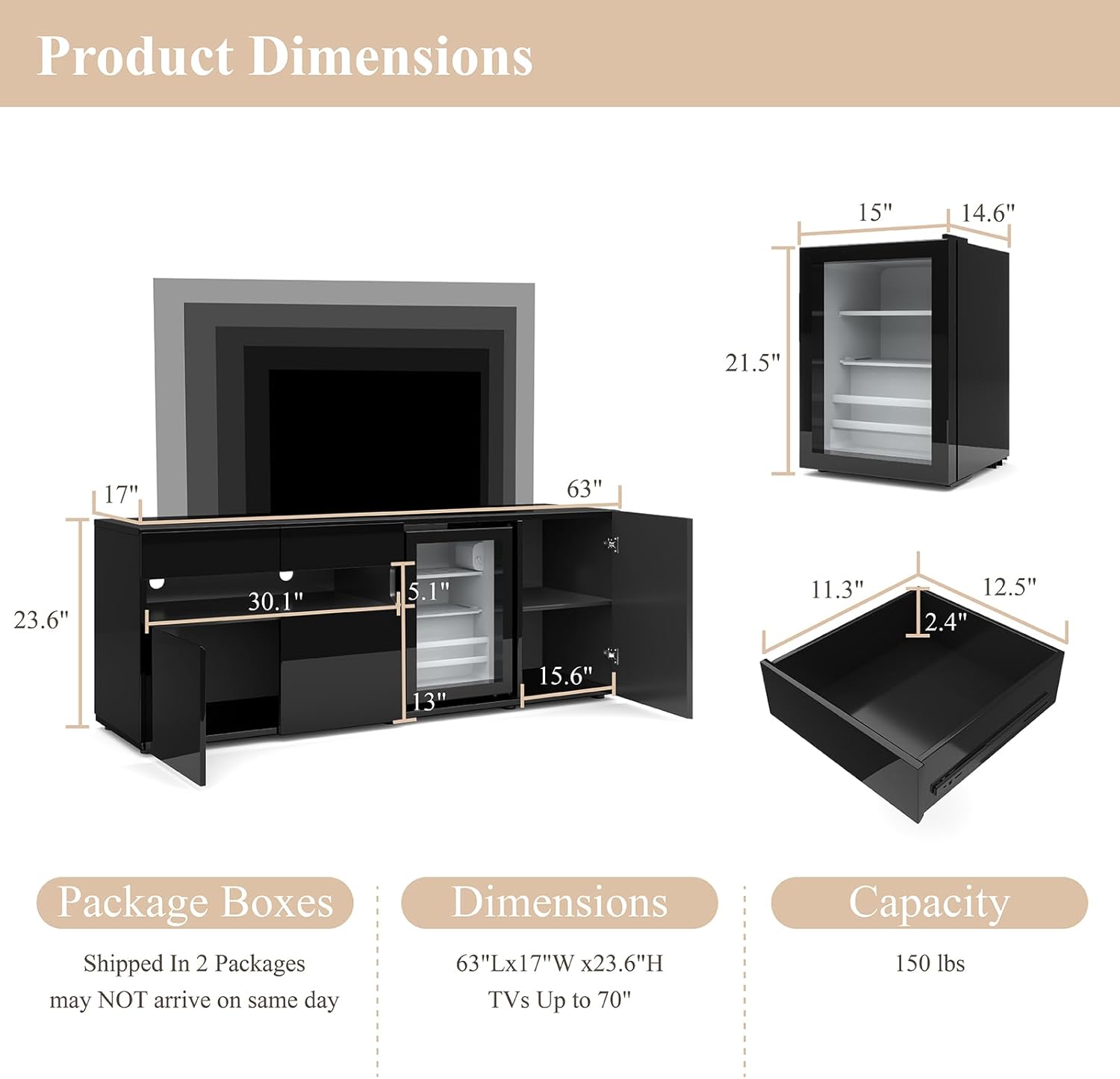 63" TV Stand with Mini Fridge & LED Light, Modern Two-In-One Entertainment Center with 2 Storage Drawers, Glossy Media Console for Living Room, TV Cabinet for Tvs up to 70", Black