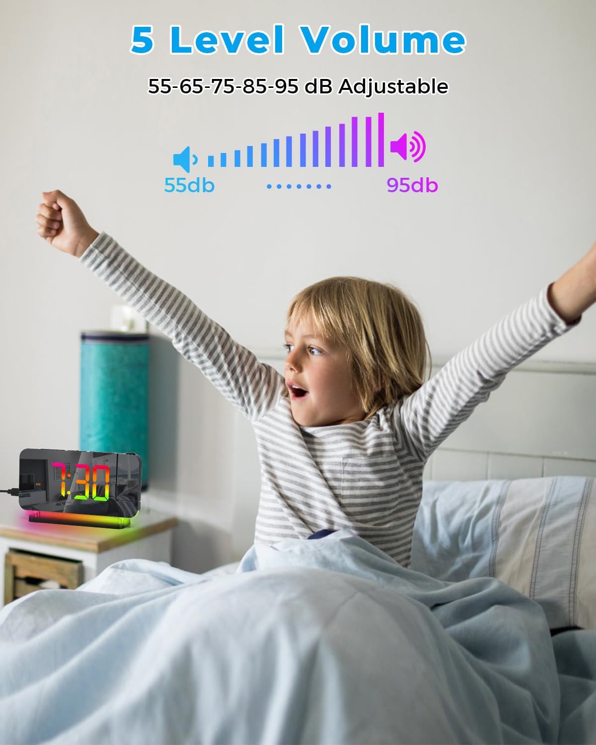 SZELAM Projection Alarm Clock – 180° Rotatable Projector, RGB Night Light, USB-C Charger, Auto-Dim LED Mirror Clock with Large 7.4" Display for Bedroom – Sleek Black