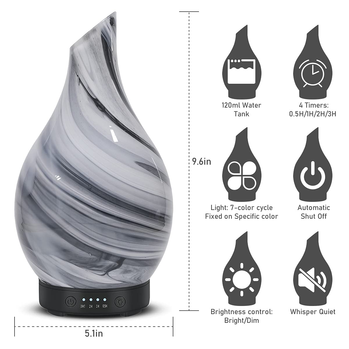 Essential Oil Diffuser 120Ml Ultrasonic Aromatherapy Diffuser with Handmade Glass BPA Free Waterless Auto-Off, 4 Timer Setting 7 Colors Changed LED for Home Yoga Office