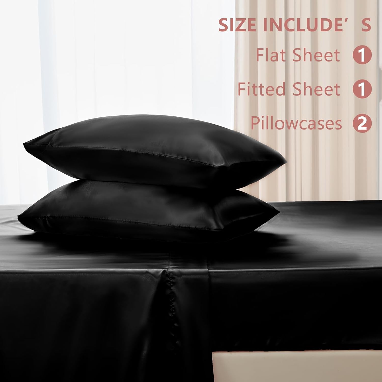 Satin Sheets Queen Size - 4 Piece Black Bed Sheet Set with Silky Microfiber, 1 Deep Pocket Fitted Sheet, 1 Flat Sheet, and 2 Pillowcases - Smooth and Soft