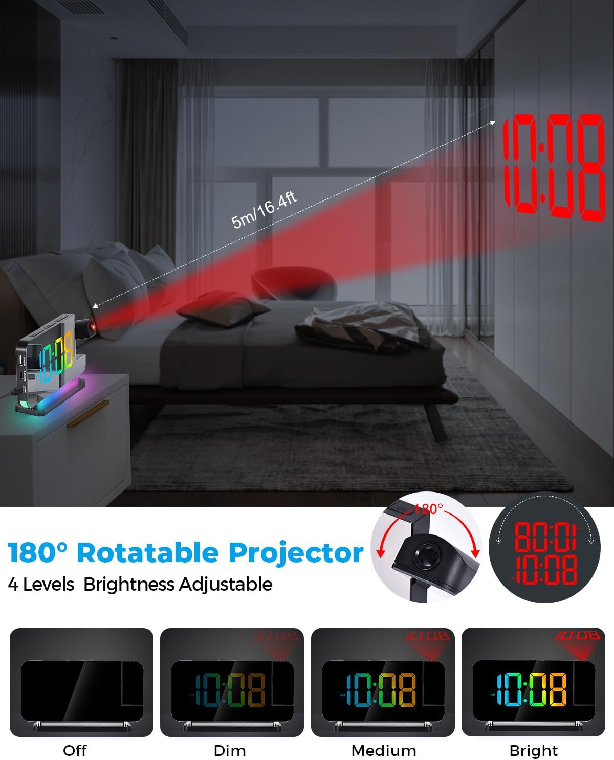 SZELAM Projection Alarm Clock – 180° Rotatable Projector, RGB Night Light, USB-C Charger, Auto-Dim LED Mirror Clock with Large 7.4" Display for Bedroom – Sleek Black