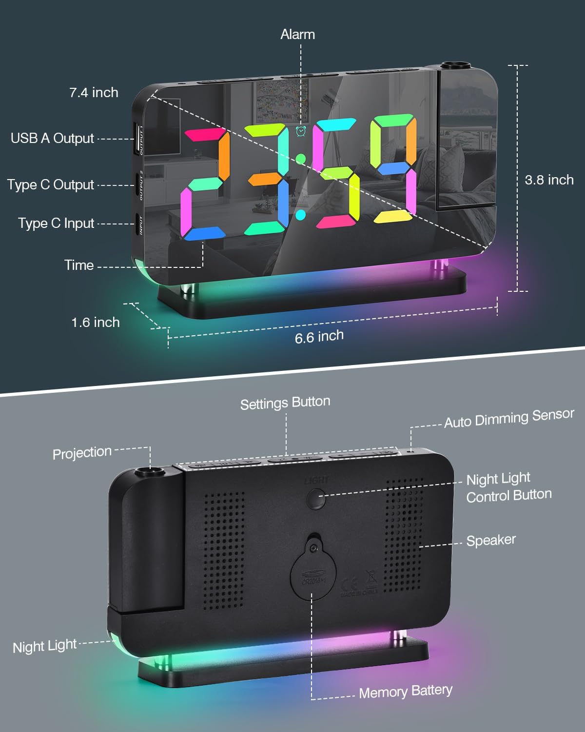 SZELAM Projection Alarm Clock – 180° Rotatable Projector, RGB Night Light, USB-C Charger, Auto-Dim LED Mirror Clock with Large 7.4" Display for Bedroom – Sleek Black