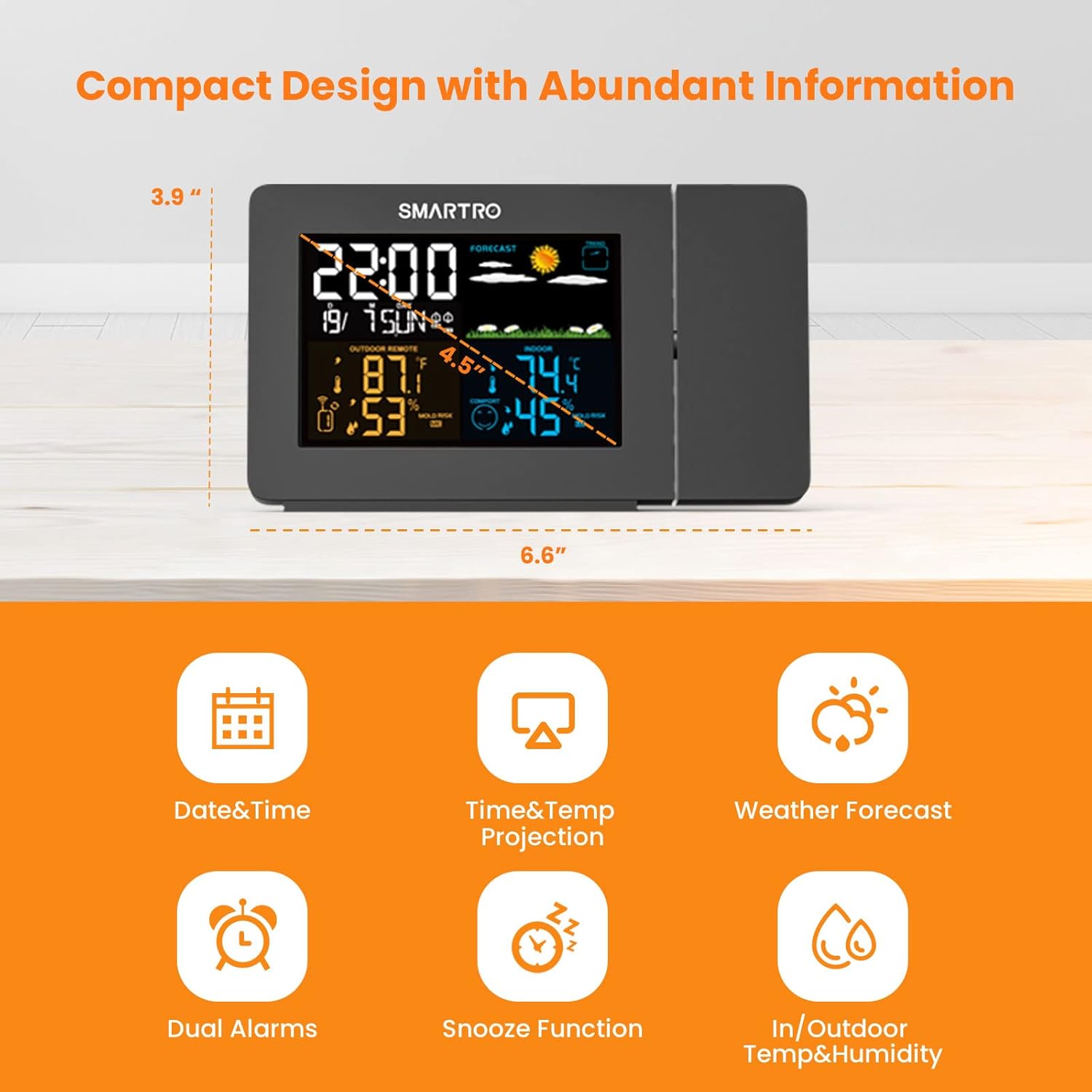 SC91 Projection Alarm Clock for Bedrooms with Weather Station + SC93 Weather Station Wireless Indoor Outdoor Thermometer Temperature Humidity Monitor