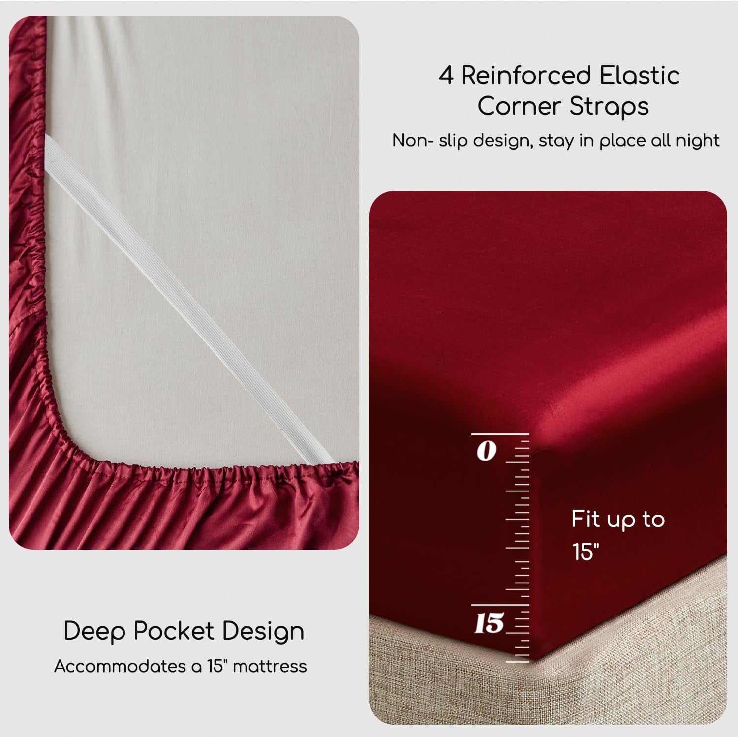 Satin Bed Sheets, Queen Size Sheets Set, 4 Pcs Silky Bedding Set with 15 Inches Deep Pocket for Mattress (Queen, Burgundy)