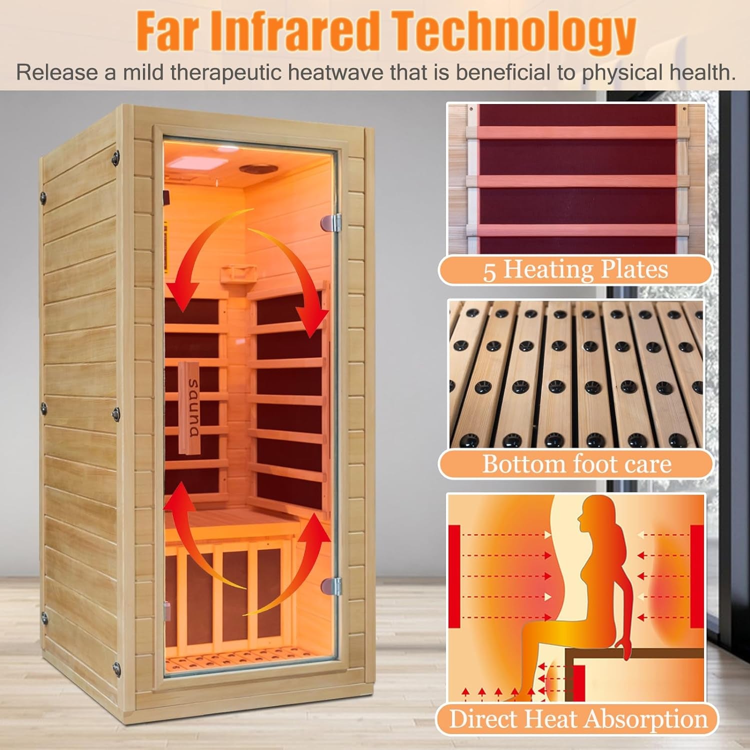 Infrared Home Sauna Room 1 Person Hemlock Wooden Indoor Dry Sauna,1200W/110V Heaters Panels,Lcd Control Panel,10 Minutes Pre-Warm Up,Time and Temp Pre-Set