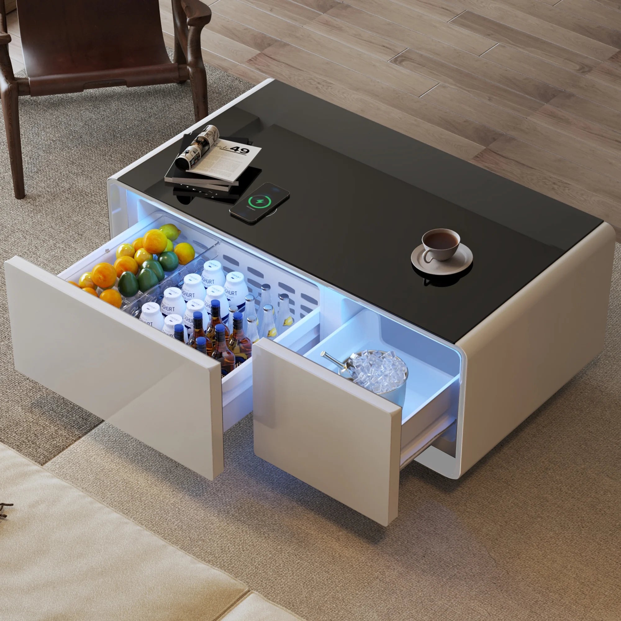 41" Smart Fridge Coffee Table, 93L Refrigerator, Bluetooth, Touch Control Panel, 15W Wireless Charger, USB Ports, Speaker, Atmosphere Light, for Living Rooms, Offices, Conference Rooms– White