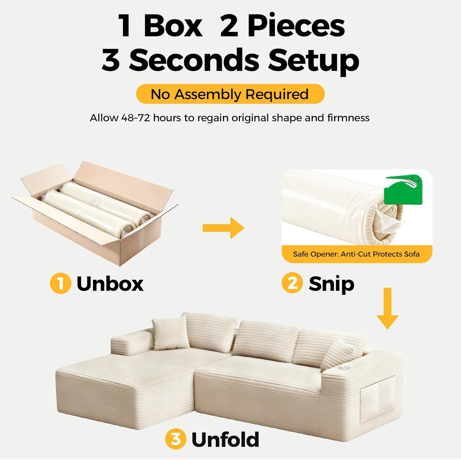 CloudLuxe™ 108" Deep-Seat Modular Sectional w/ Chaise Corduroy “Boneless” All-Foam Comfort, One-Box Delivery, No Assembly