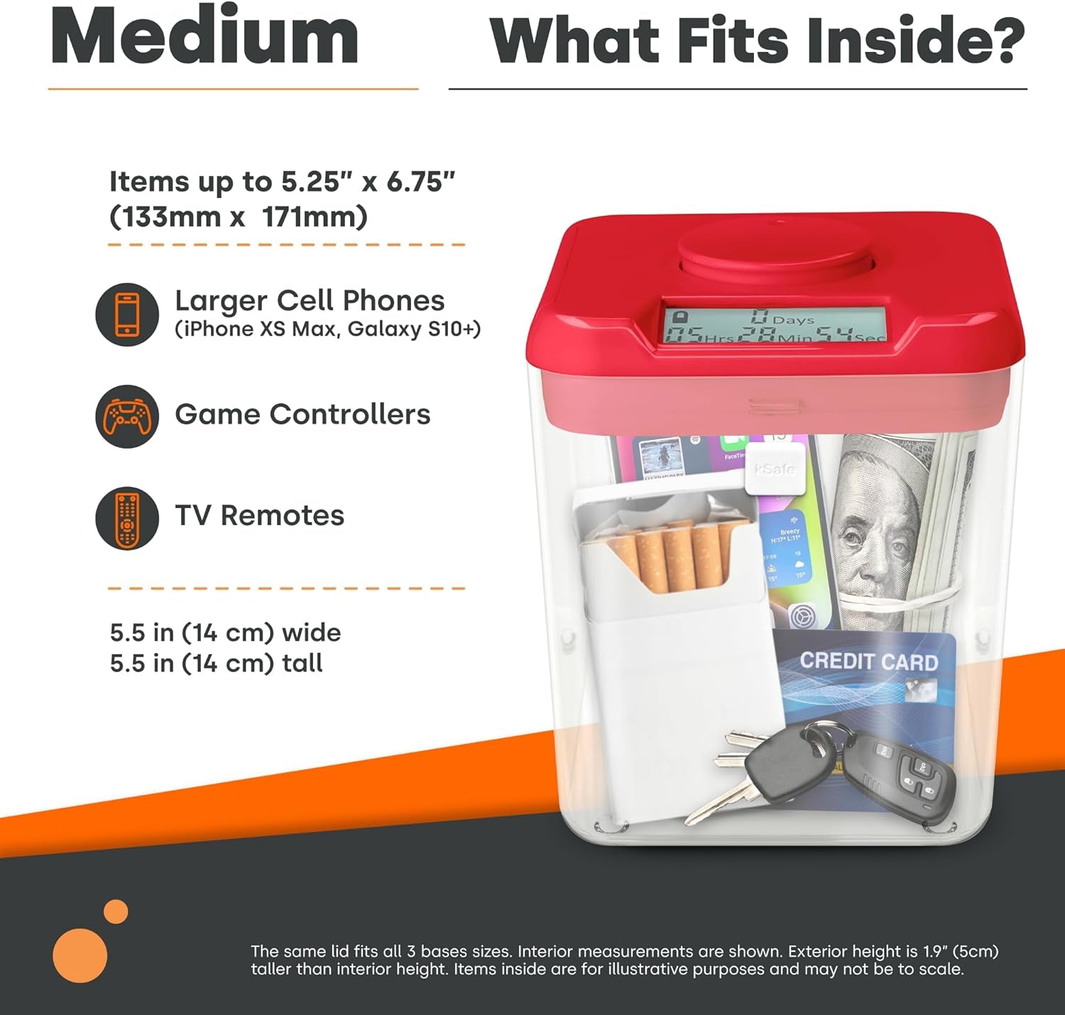  Time Locking Container (Medium), Timed Lock Box for Cell Phones, Snacks, and Other Unwanted Temptations (White Lid + 5.5” Clear Base)