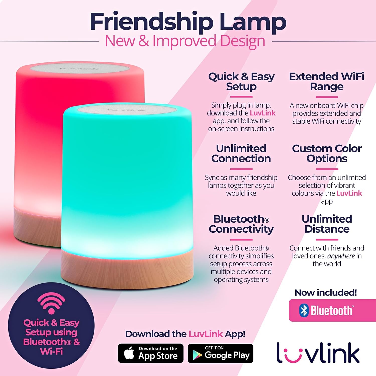 Friendship Lamp V2.0 - Long Distance Wifi Touch Lamps for Couples, Friends & Family | Stay Connected from Anywhere – Easy App Setup – No Subscription (Set of Two)