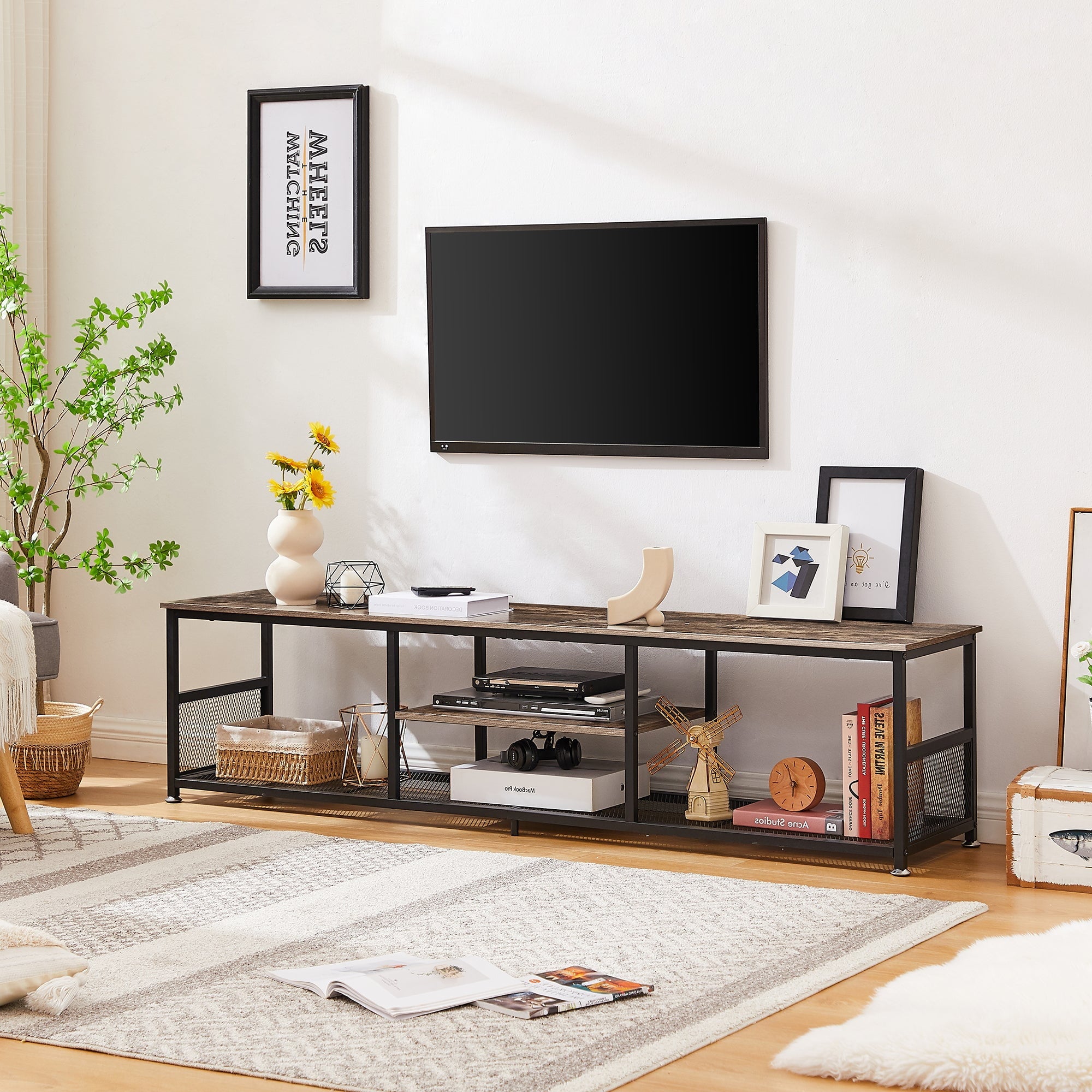 TV Stand up to 80 Inches, Industrial 70.86" Entertainment Center with Storage and Mesh Shelf for Living Room/Bedroom, Brown