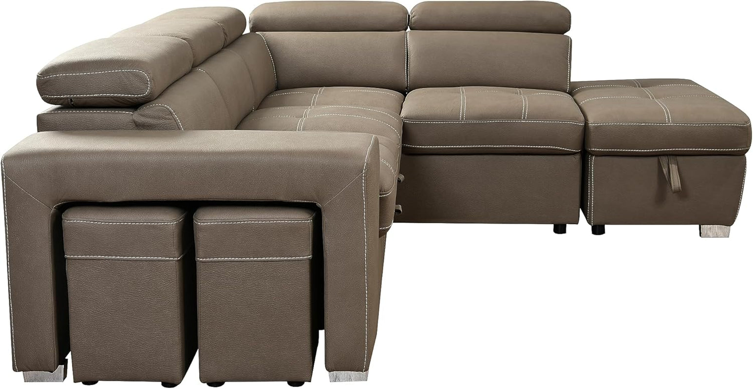 104'' Microfiber Sectional Sleeper Sofa with Pull-Out Bed,Couch with Storage Ottoman & Chaise, 5 Seat L-Shape Sofa with Adjustable Headrest & Two Stools. Light Brown