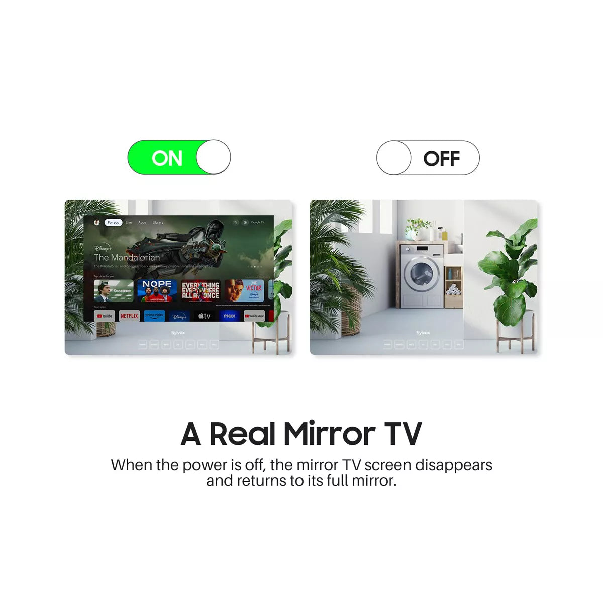 SYLVOX 32" Smart Mirror TV for Bathroom, 1080P Newest Google TV Support Google Assistant, IP65 Waterproof TV for Bathroom Shower & SPA (Wall Mount)
