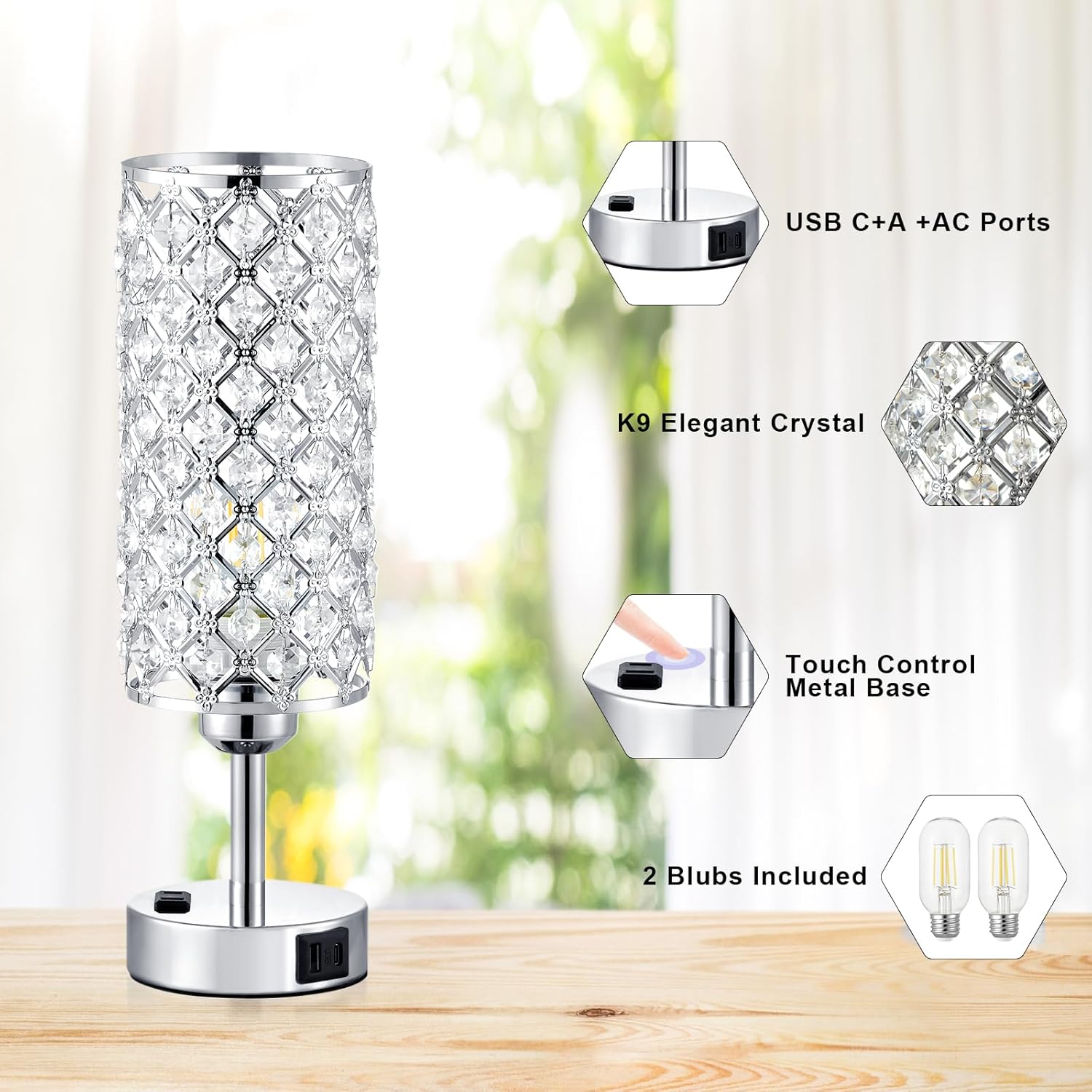 Crystal Lamp Touch Control Set of 2, Sliver Crystal Table Lamps with USB C+A Ports & AC Outlet, 3-Way Dimmable Nightstand Touch Lamp, Modern Bedside Table Lamp for Bedroom(Bulbs Included)