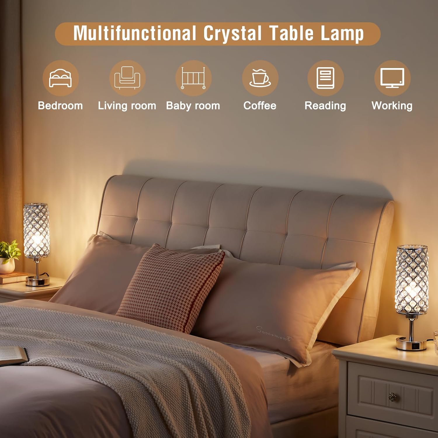 Crystal Lamp Touch Control Set of 2, Sliver Crystal Table Lamps with USB C+A Ports & AC Outlet, 3-Way Dimmable Nightstand Touch Lamp, Modern Bedside Table Lamp for Bedroom(Bulbs Included)