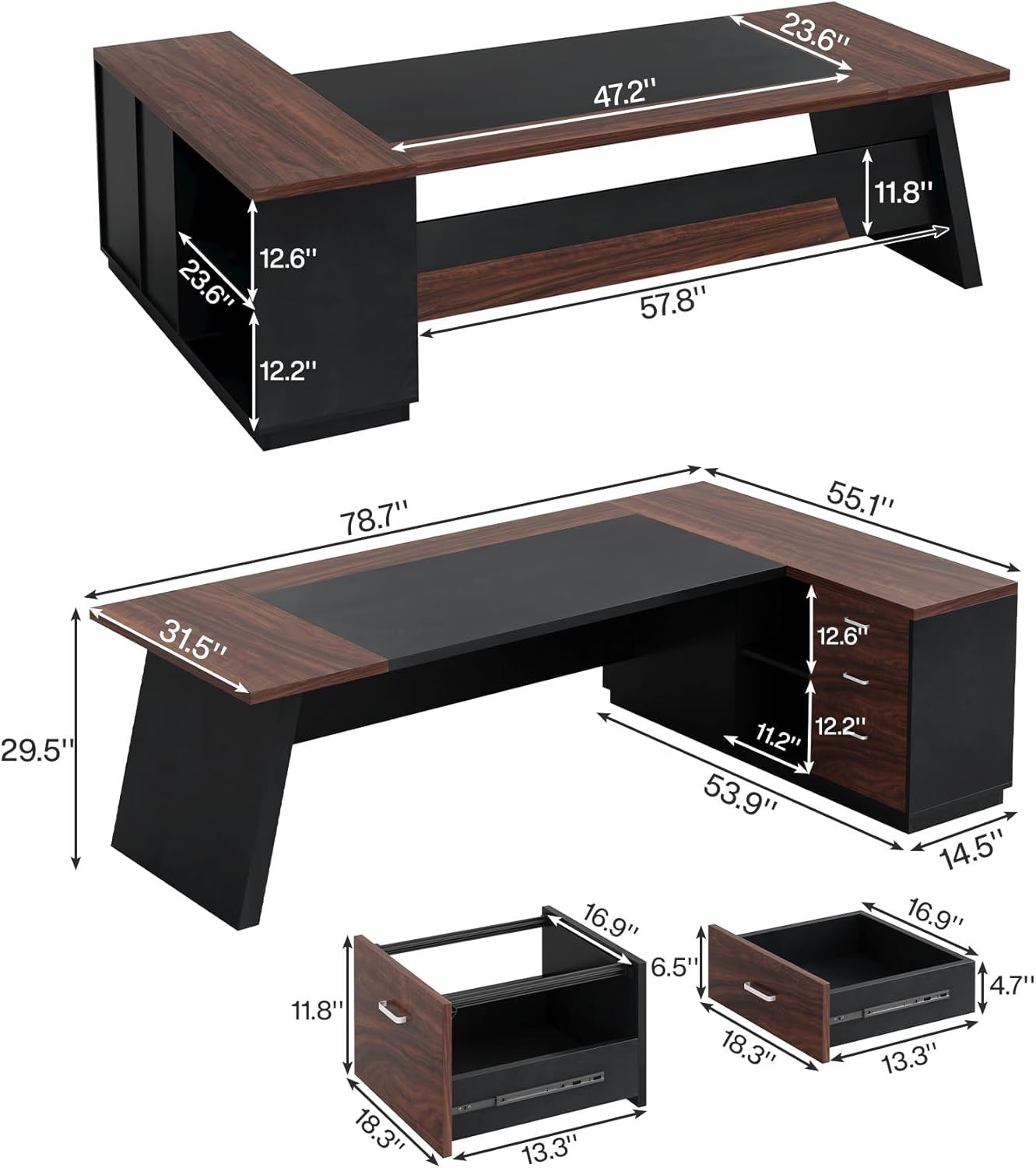 78" L-Shaped Executive Desk, Large Office Desk with Drawers and Lateral File Cabinet, Business Furniture with Storage Shelves, Modern Computer Desk for Home Office, Walnut & Black