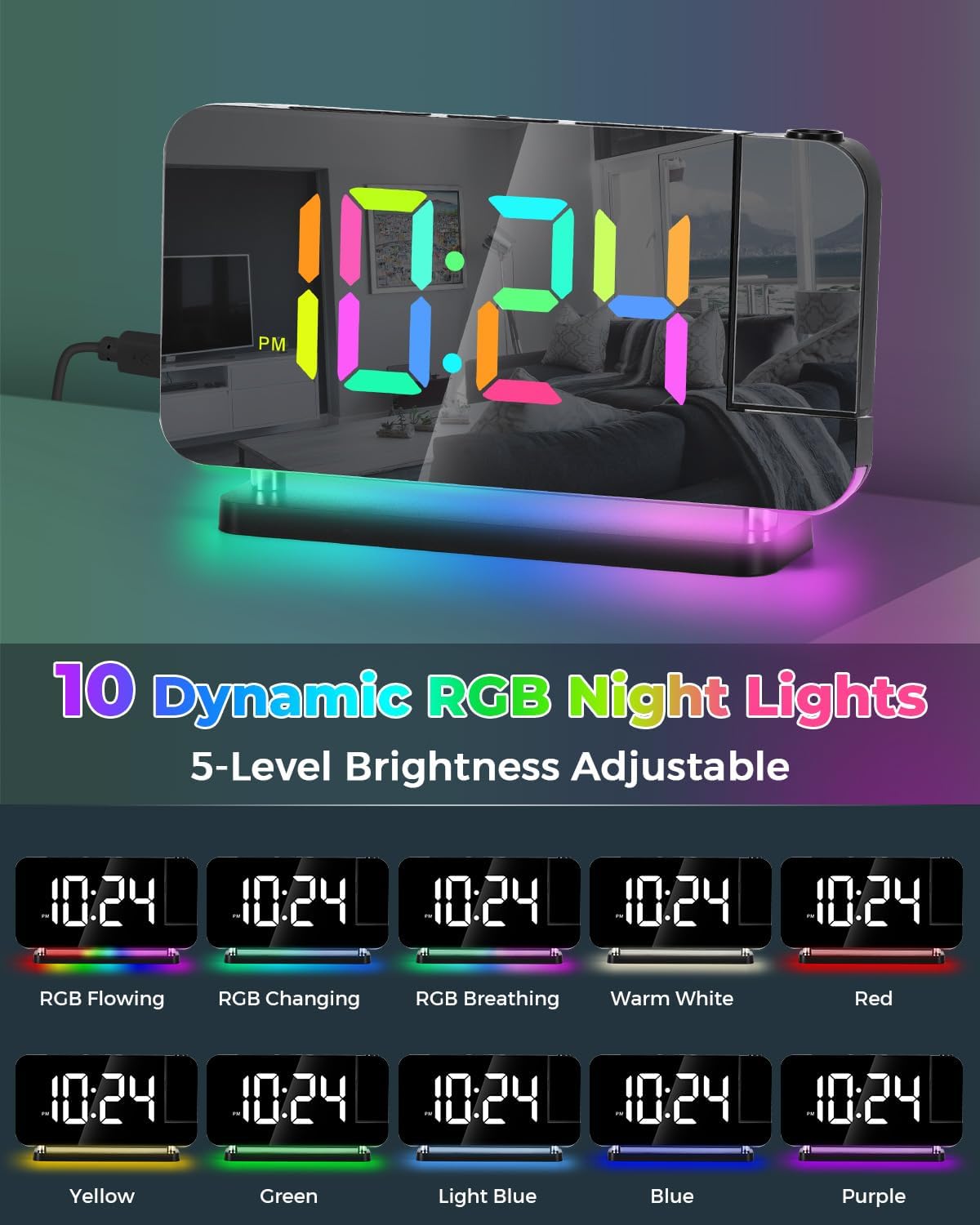SZELAM Projection Alarm Clock – 180° Rotatable Projector, RGB Night Light, USB-C Charger, Auto-Dim LED Mirror Clock with Large 7.4" Display for Bedroom – Sleek Black