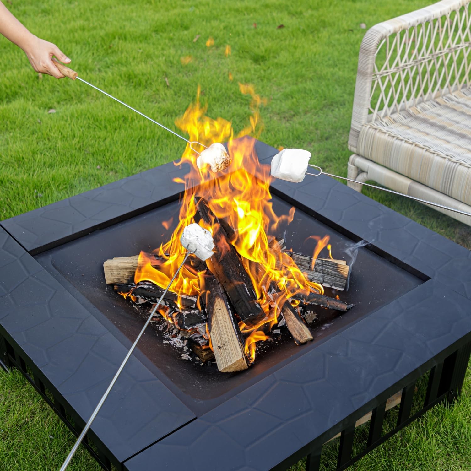 32 Inch Fire Pit, Square Outdoor Fire Pit Table with Spark Screen & Fire Poker, 3-In-1 Multipurpose Firepits for Outside, Fireplace for Yard, Garden, Patio