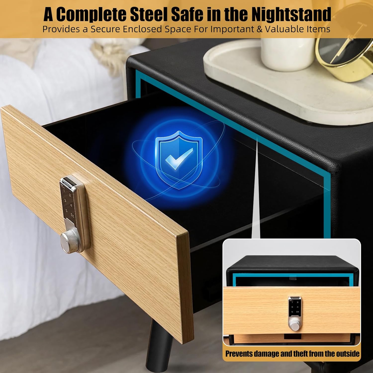 Smart Nightstand with Steel Safe, Modern Bedside Table with Keypad Lock, 22" H×18" D×12" W, Black Night Stand with Locking Drawer, PU Leather Nightstand with Solid Wooden Legs