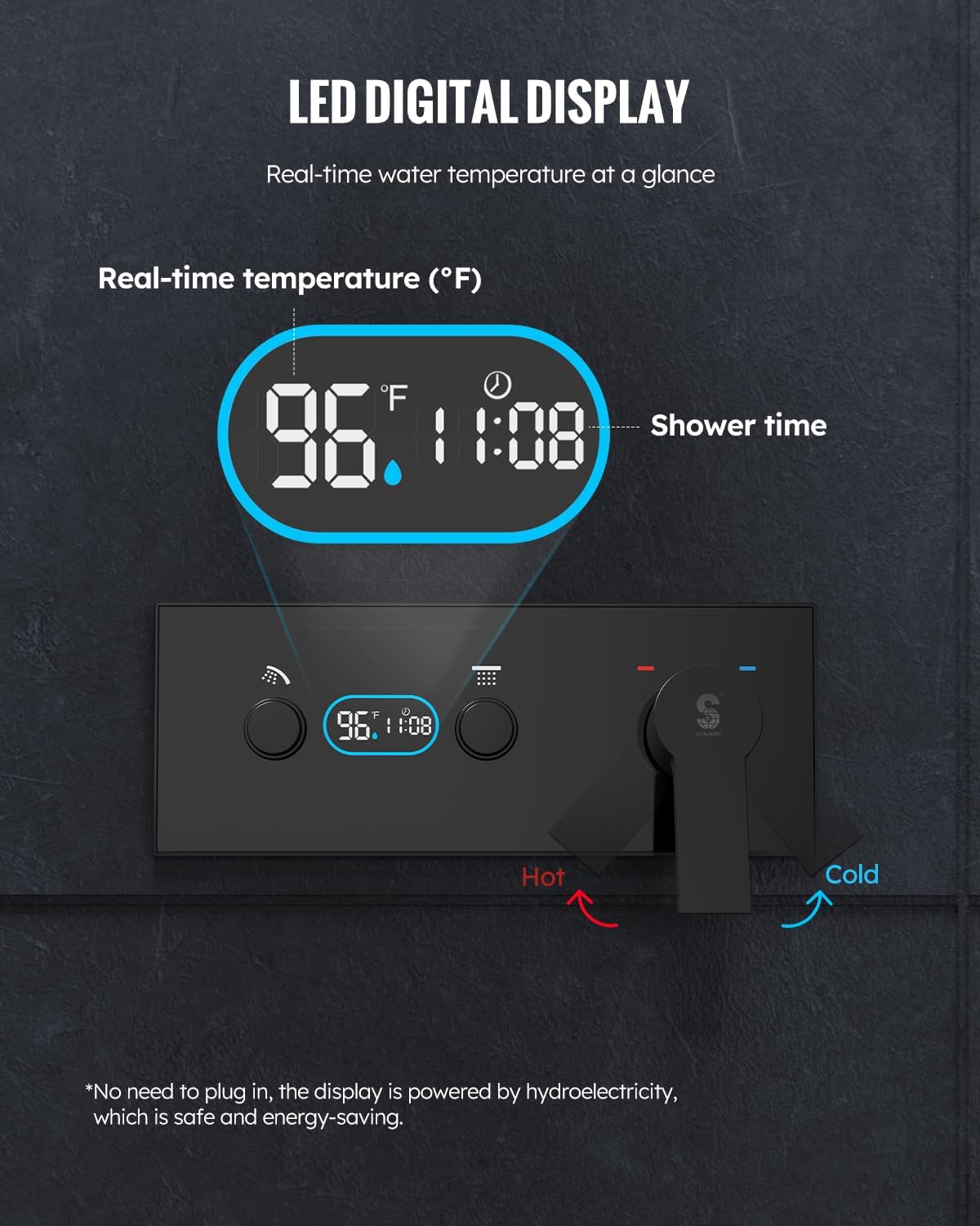 LED Digital Display Shower System - SR SUNRISE 12 Inch High Pressure Shower Head and Handheld, Thermostatic Valve, Luxury Rainfall Shower Faucet Perfect for Bathroom Remodel, Matte Black