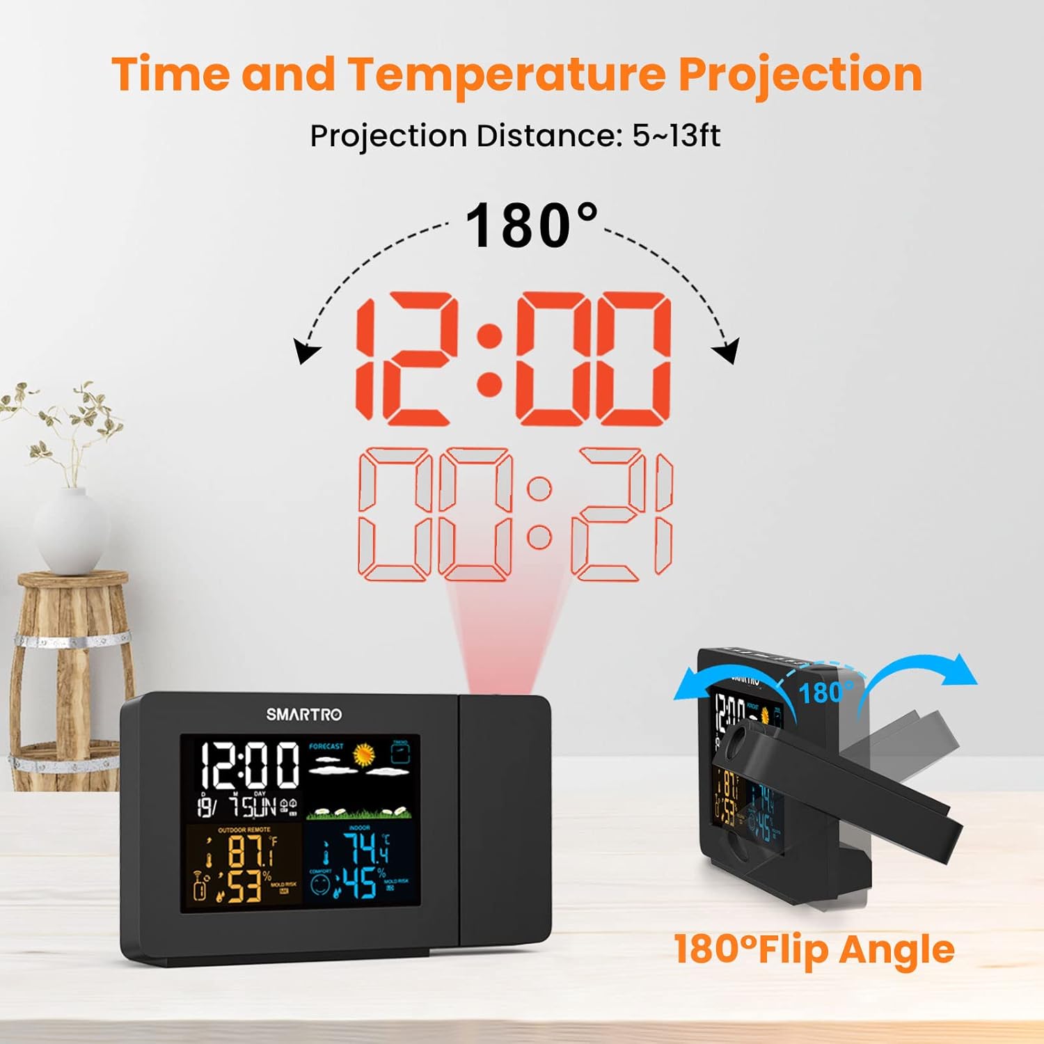 SC91 Projection Alarm Clock for Bedrooms with Weather Station + SC93 Weather Station Wireless Indoor Outdoor Thermometer Temperature Humidity Monitor