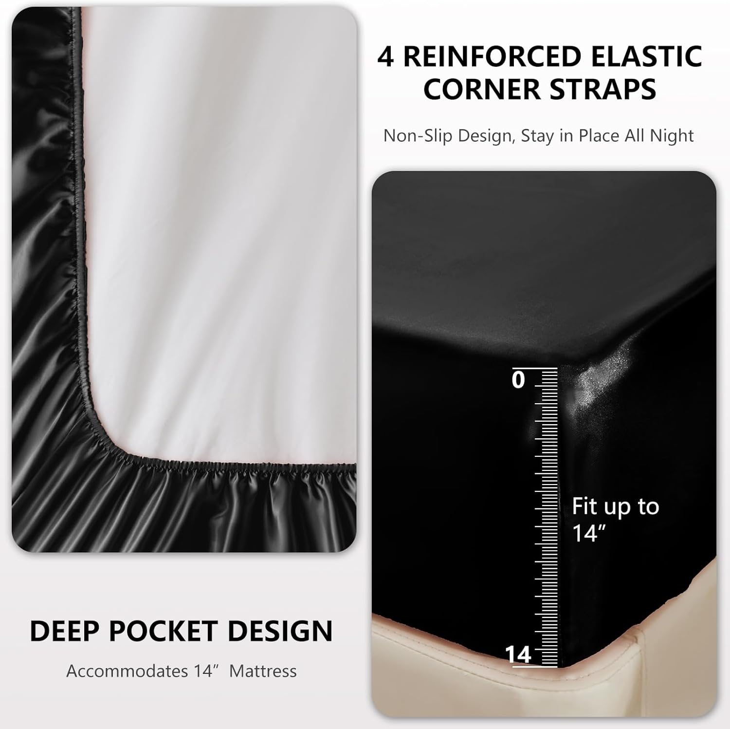 Satin Sheets Queen Size - 4 Piece Black Bed Sheet Set with Silky Microfiber, 1 Deep Pocket Fitted Sheet, 1 Flat Sheet, and 2 Pillowcases - Smooth and Soft
