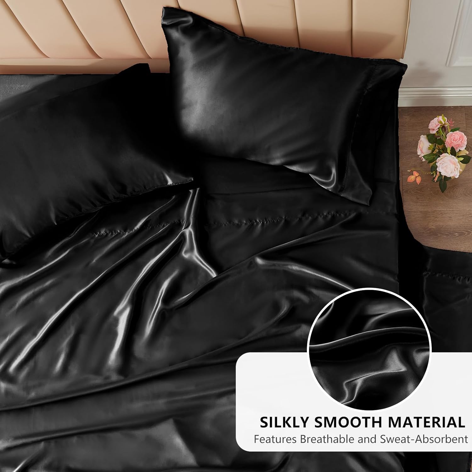Satin Sheets Queen Size - 4 Piece Black Bed Sheet Set with Silky Microfiber, 1 Deep Pocket Fitted Sheet, 1 Flat Sheet, and 2 Pillowcases - Smooth and Soft