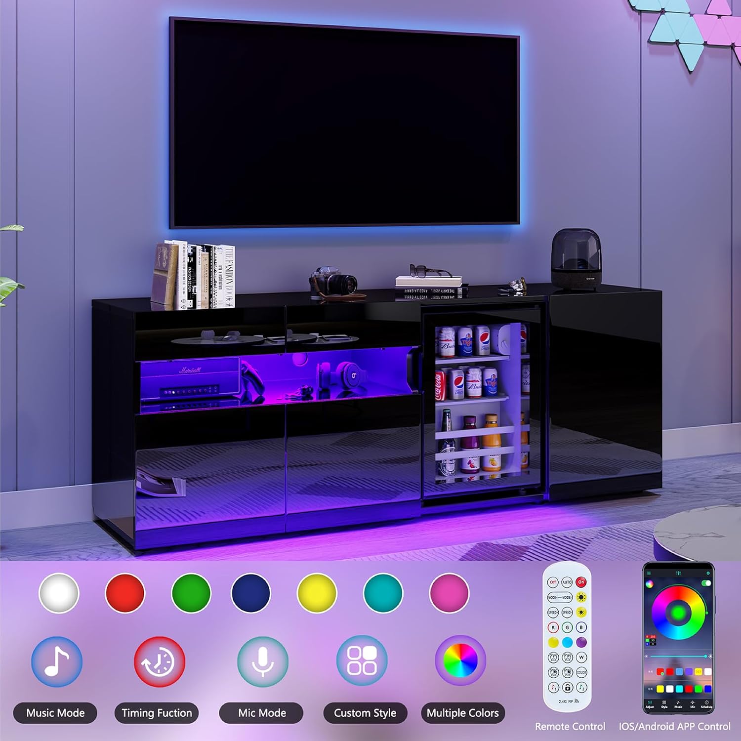 63" TV Stand with Mini Fridge & LED Light, Modern Two-In-One Entertainment Center with 2 Storage Drawers, Glossy Media Console for Living Room, TV Cabinet for Tvs up to 70", Black