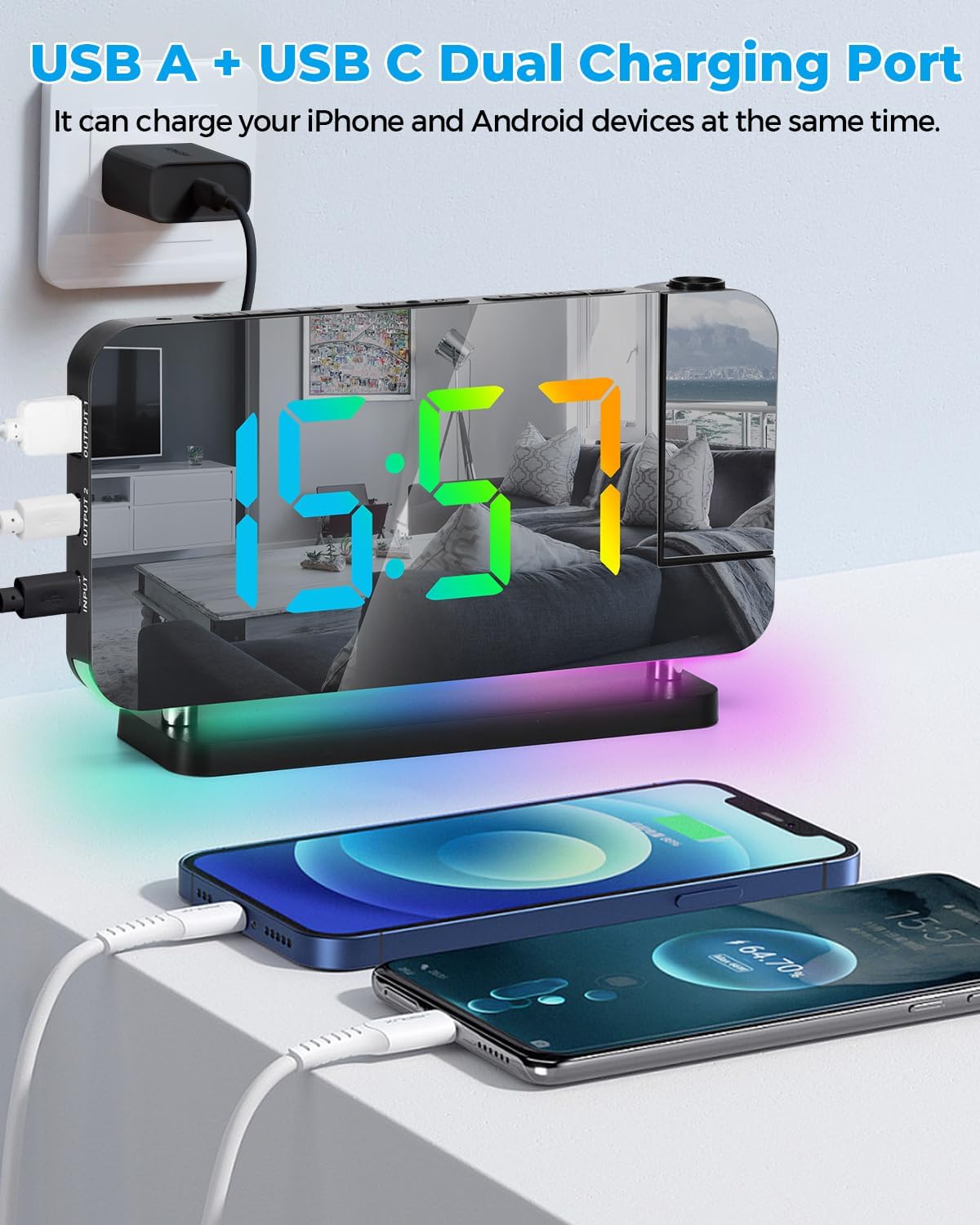 SZELAM Projection Alarm Clock – 180° Rotatable Projector, RGB Night Light, USB-C Charger, Auto-Dim LED Mirror Clock with Large 7.4" Display for Bedroom – Sleek Black