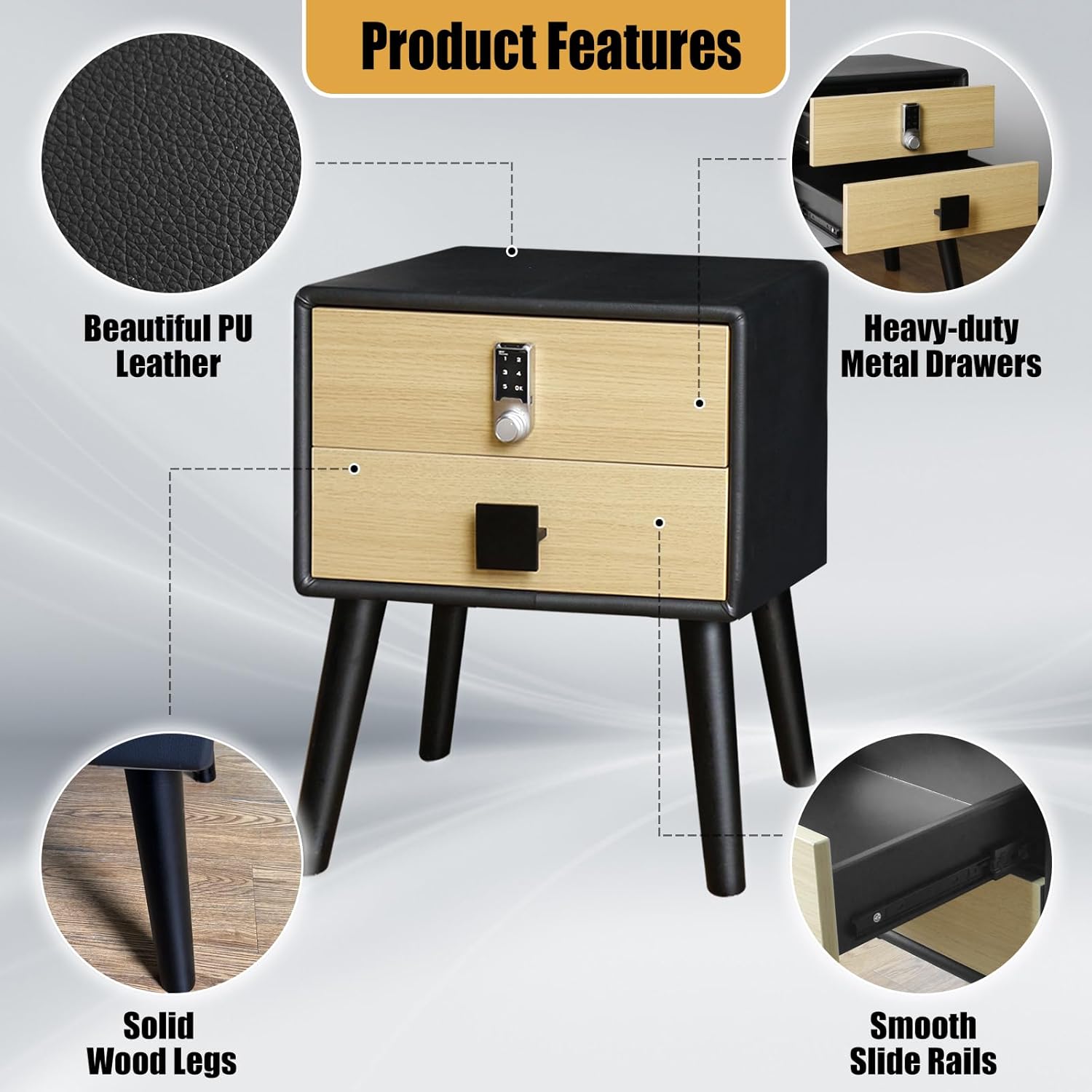 Smart Nightstand with Steel Safe, Modern Bedside Table with Keypad Lock, 22" H×18" D×12" W, Black Night Stand with Locking Drawer, PU Leather Nightstand with Solid Wooden Legs