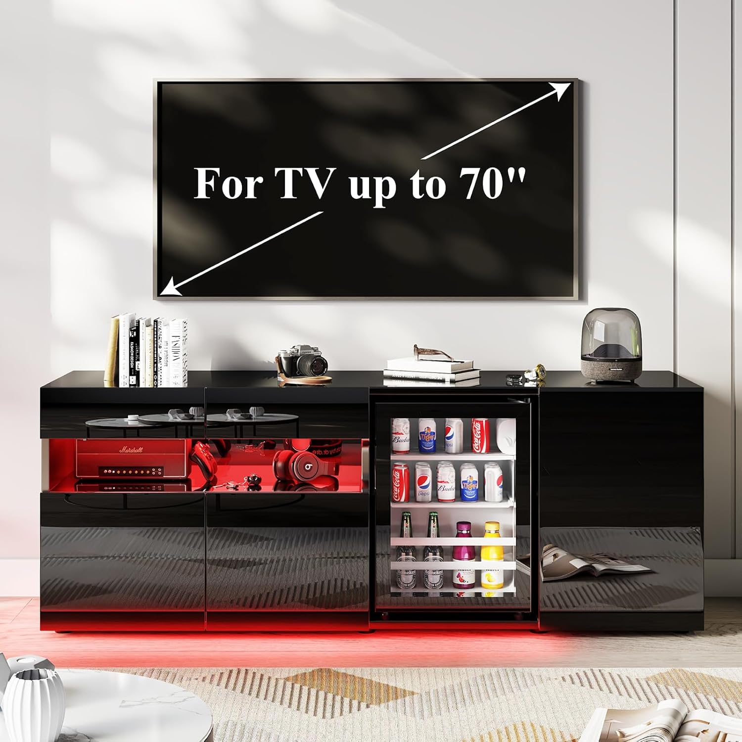 63" TV Stand with Mini Fridge & LED Light, Modern Two-In-One Entertainment Center with 2 Storage Drawers, Glossy Media Console for Living Room, TV Cabinet for Tvs up to 70", Black