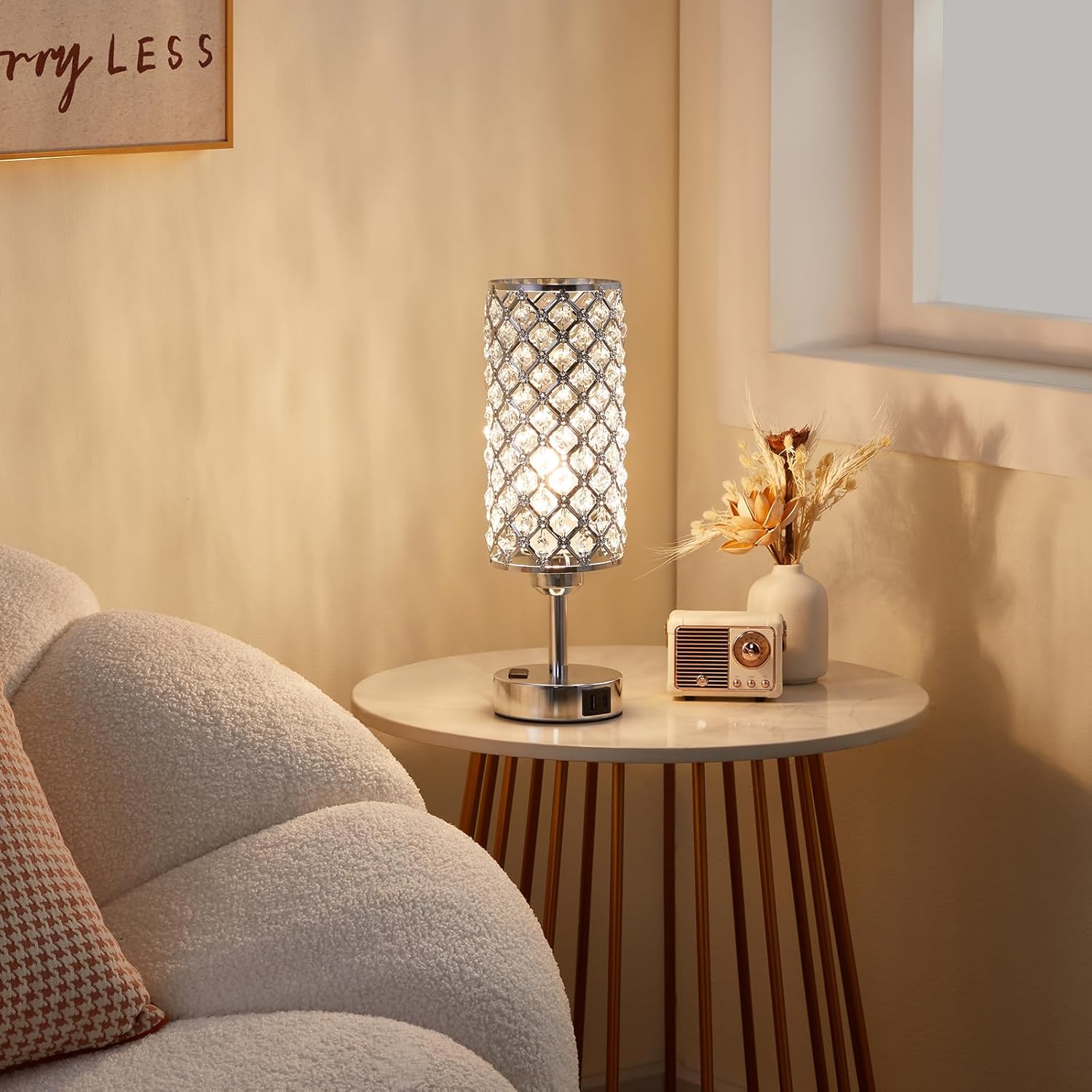 Crystal Lamp Touch Control Set of 2, Sliver Crystal Table Lamps with USB C+A Ports & AC Outlet, 3-Way Dimmable Nightstand Touch Lamp, Modern Bedside Table Lamp for Bedroom(Bulbs Included)