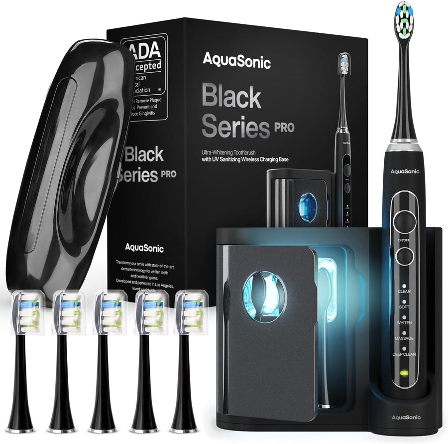 Black Series PRO – Ultra Whitening Toothbrush W UV Sanitizing Base – 5 Modes & Smart Timers – Premium Travel Case – Electric Toothbrush – ADA Approved Toothbrush
