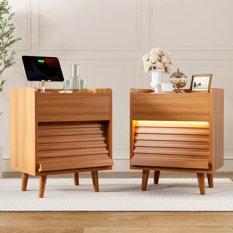 Modern Nightstand with 2 Drawers,Bedside Table with Outlets & LED Lights, File Cabinet with Slanted & Wavy Design